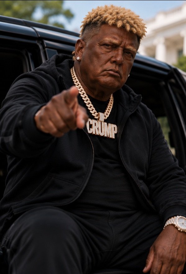 Big Crump pointing at the camera in a black hoodie and iced CRUMP chain