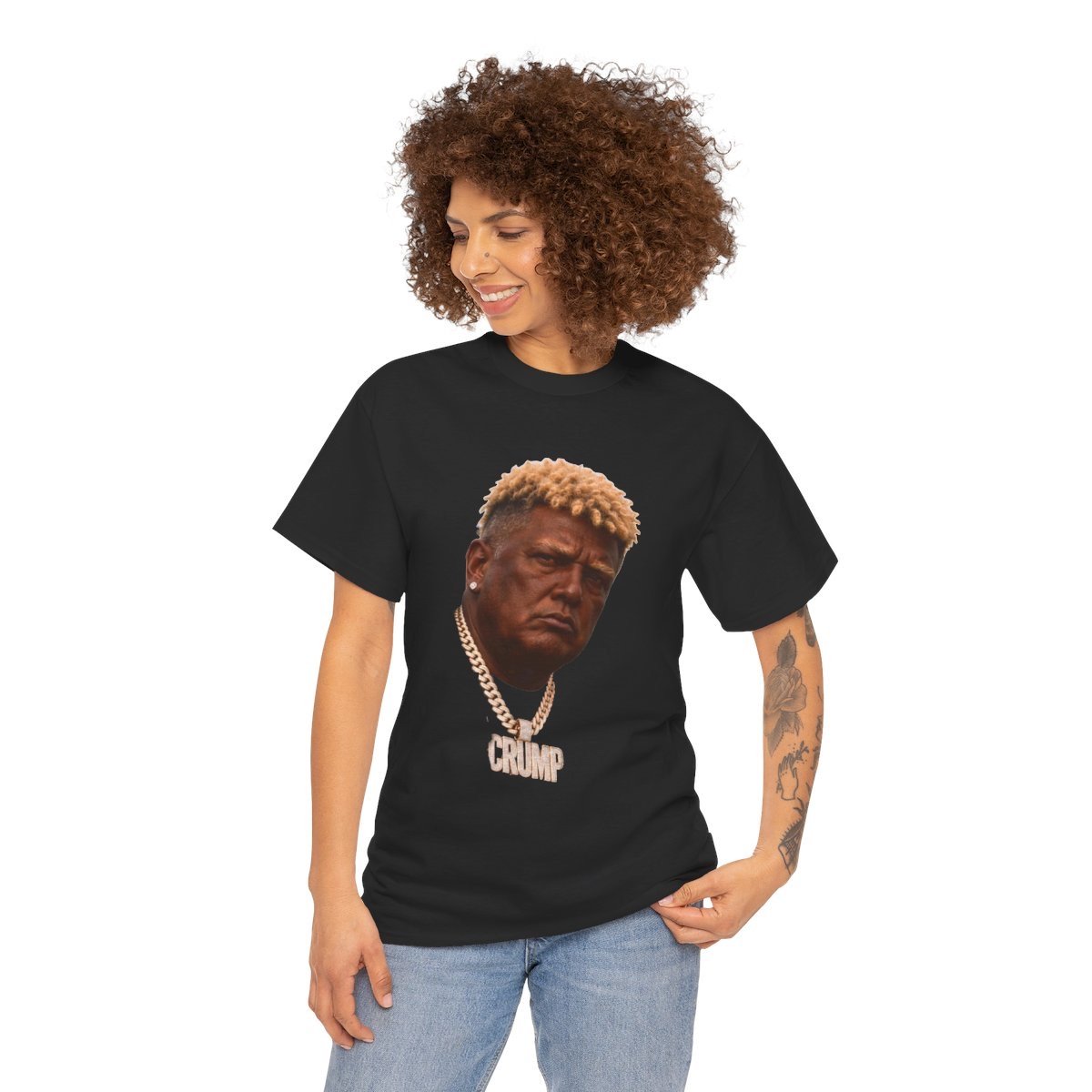 Model wearing the tee, showing Big Crump's face on the front